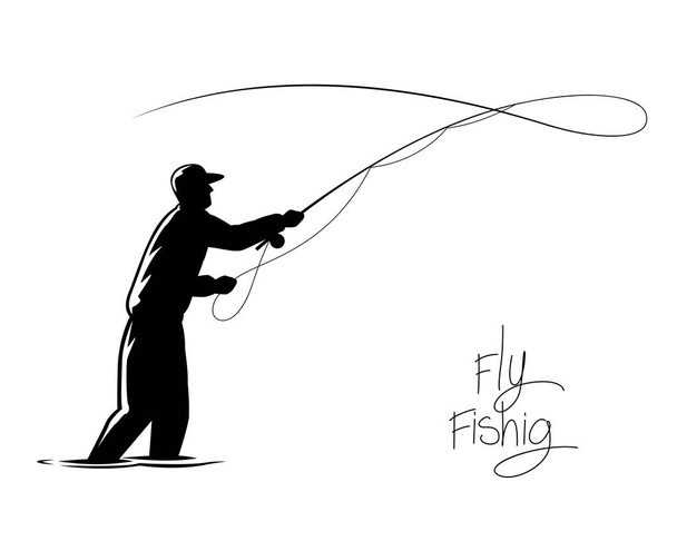 Silhouette pescatore tiro gancio, Disegno uomo che fa attività di pesca a mosca. - Vettoriali, immagini