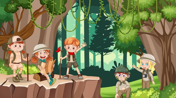 Children hiking in the forest illustration - Vector, Image