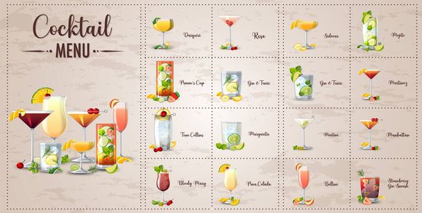 A printed menu of cocktails illustration - Vector, Image
