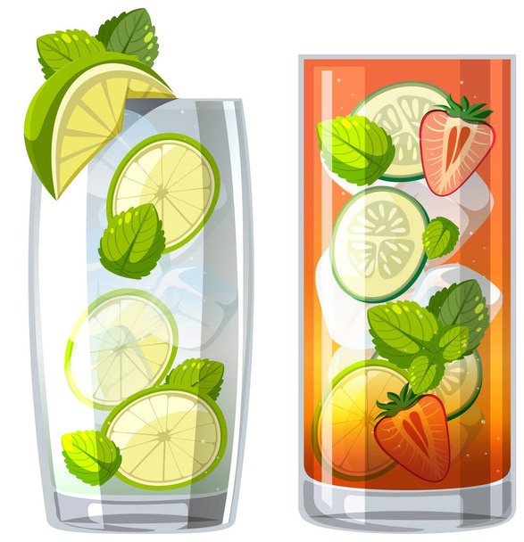 Mojito et Pimms tasse cocktail dans le verre sur fond blanc illustration - Vecteur, image