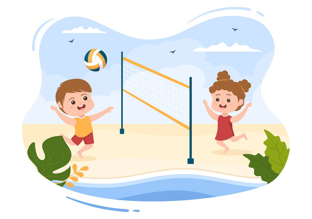 Beach Volleyball Player on the Attack for Sport Competition Series Outdoor in Cute Kids Flat Cartoon Illustration - Vector, Image