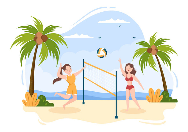 Beach Volleyball Player on the Attack for Sport Competition Series Outdoor in Flat Cartoon Illustration - Vector, Image