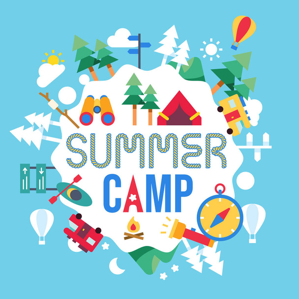 Sommercamp-Konzept Papierschnitt, Zelten und Reisen im Urlaub. und Outdoor-Aktivitäten. Plakat im flachen Stil, Vektorillustration. - Vektor, Bild