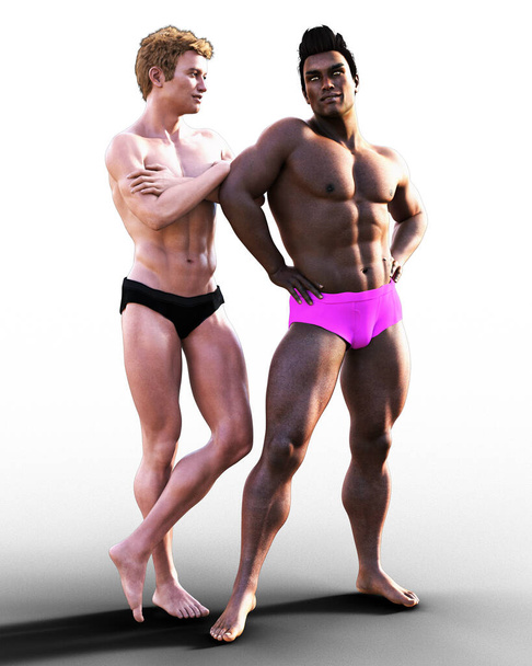 sexy interracial los hombres de pie juntos en traje de baño 3d render - Foto, Imagen