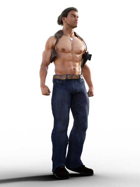 Sexy shirtloze man met pistool in holster illustratie - Foto, afbeelding