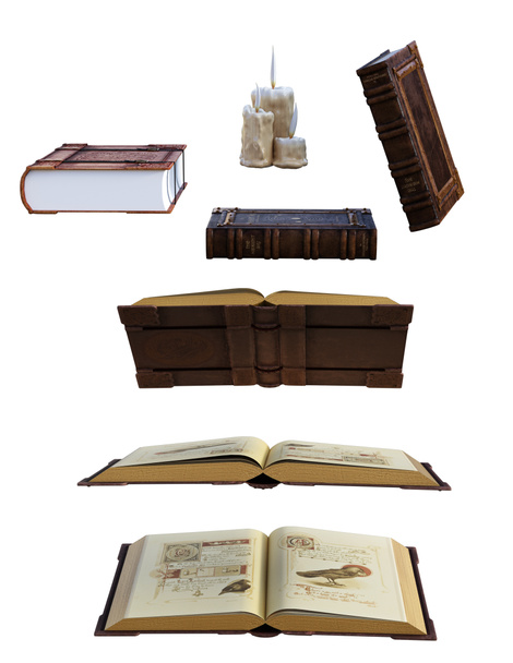 Various leather bound books poses open and closed illustration - Photo, Image
