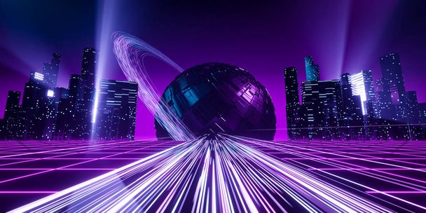 3d rendu sci fi paysage urbain arrière-plan. Futuriste ville cyberpunk avec sentier lumineux au néon. sol de grille et grande planète métallique. - Photo, image