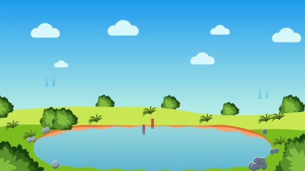 Wasserkreislauf-Animation 4K mit Teich und blauem Himmel. Verdunstung, Kondensation und Niederschlag Prozess Infografik Diagramm 4K-Filmmaterial. Grünes Feld mit Büschen zur Animation der Wasserverdunstung. - Filmmaterial, Video