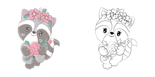 Leuke wasbeer Clipart illustratie en zwart-wit. Grappige Clip Art wasbeer met een Flower Wreath op zijn hoofd. Vector Illustratie van een Dier voor Kleurplaten, Stickers, Kleurplaten.  - Vector, afbeelding