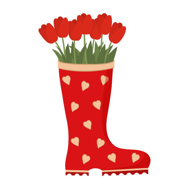 Pair of red rain boots with hearts and red tulips bouquet. Cute gumboots. Wellingtons. Spring illustration. Isolated flat vector illustration on white background - Vector, Image