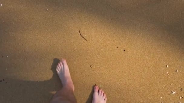 Näkymä miesten jaloille kävelemässä rannalla. Aallot pesevät vähitellen hiekan jaloistasi. Varjoja puista maassa. Kävele saaren rantaa pitkin. Thaimaa. - Materiaali, video