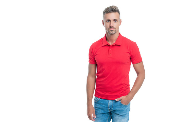handsome man with grizzled hair in red shirt isolated on white background. - Фото, зображення