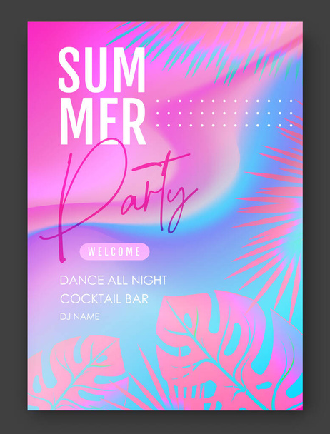 Summer disco party poster with tropic leaves on holographic flow background. Summer background. Vector illustration - Vector, afbeelding