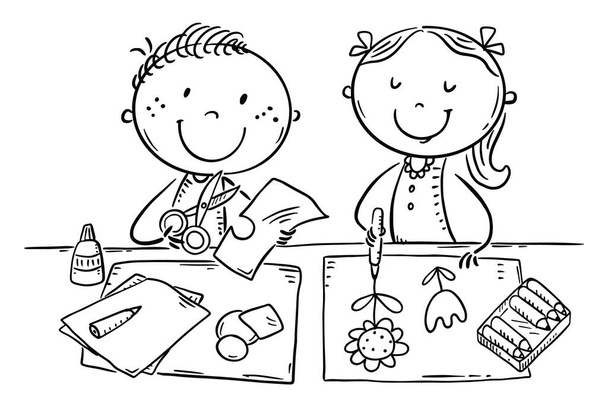 Cartoon doodle school kids enjoy crafting together, creative activities outline vector clipart illustration - Vektor, obrázek