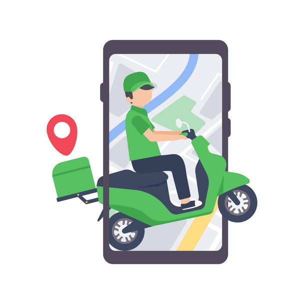 The delivery driver drives through a mobile phone with a map screen. online food delivery concept - Vektor, Bild