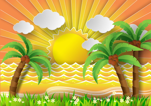 Καρύδες στην παραλία με sunbream. - Διάνυσμα, εικόνα