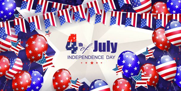 Banner mit Luftballons, Girlande mit Symbolen Amerikas, Unabhängigkeitstag der USA. - Vektor, Bild
