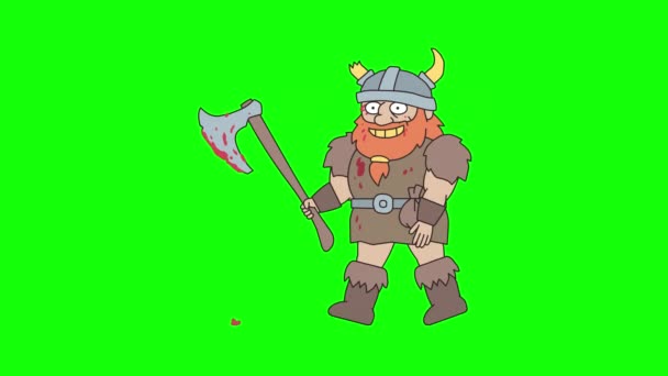 Vikingo sosteniendo hacha ensangrentada y caminando. Fondo verde. Canal alfa. Animación en bucle - Imágenes, Vídeo
