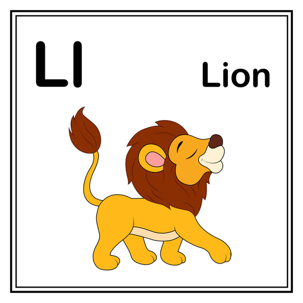 Słodkie dzieci ABC alfabet zwierzęcy L literowa kartka z LION dla dzieci uczących się angielskiego słownictwa - Wektor, obraz