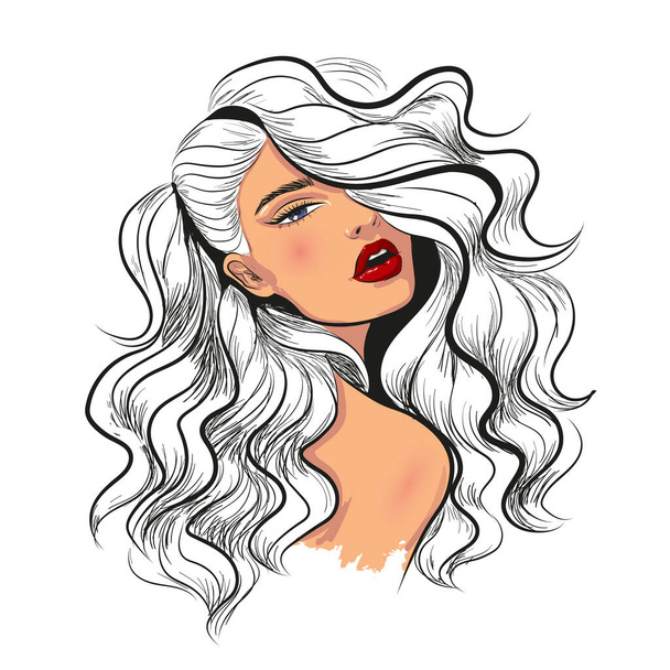 波状の髪のイラストを持つ女性のファッションスケッチ - ベクター画像