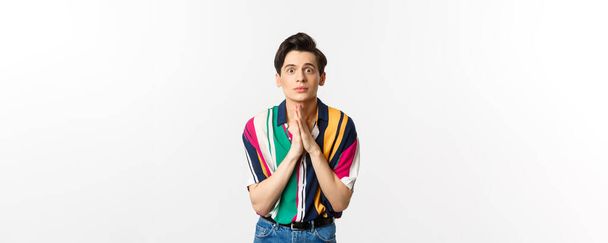 Image of hopeful young man begging for help, staring at camera and pleading for favour, asking advice, standing over white background. - Foto, immagini