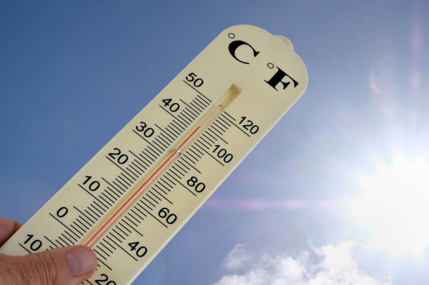 Термометр с двойным градусом по Цельсию и градусом по Фаренгейту на фоне солнечного неба  - Фото, изображение