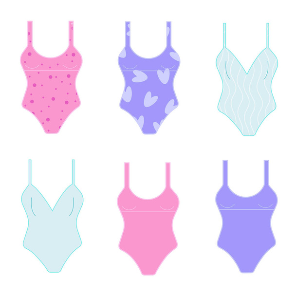 Zwemkleding voor dames in verschillende kleuren en patronen. Geïsoleerd op witte achtergrond. Vectorillustratie. - Vector, afbeelding