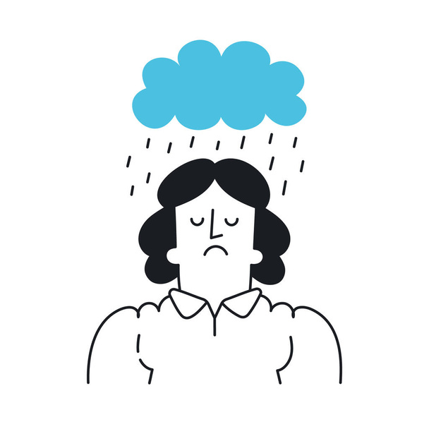 Traurige Frau mit Regenschirm über dem Kopf. Schlechte Laune, depressive Gedanken, Traurigkeit. Umriss, lineare, dünne Linie, Kritzelkunst. Einfacher Stil mit editierbarem Strich. - Vektor, Bild