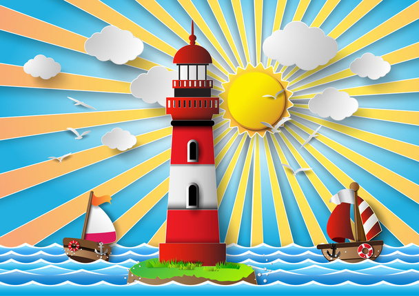 lighthouse and cloud with sunshine. - Vector, Image