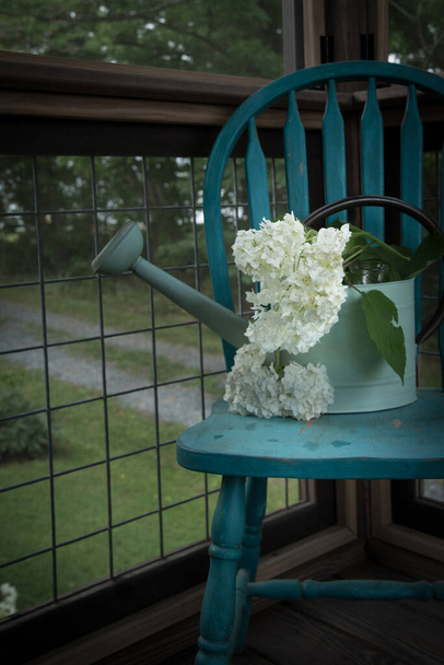 Hydrangea blossom bouquet in a watering can on a blue chair. - Photo, Image
