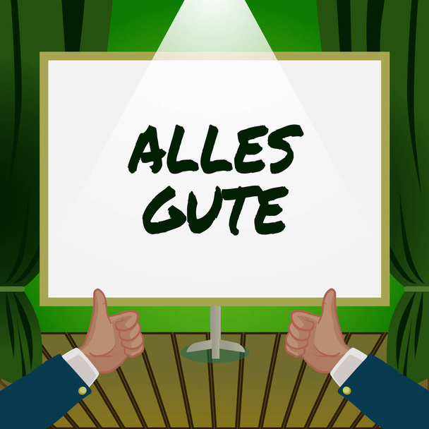 Κείμενο υπογράψει δείχνει Alles Gute, Επιχειρηματική προσέγγιση γερμανική μετάφραση ό, τι καλύτερο για τα γενέθλια ή οποιαδήποτε περίσταση Χέρια Thumbs Up Εμφάνιση Νέες Ιδέες. Παλάμες που μεταφέρουν σημείωμα Παρουσιάζοντας σχέδια - Φωτογραφία, εικόνα