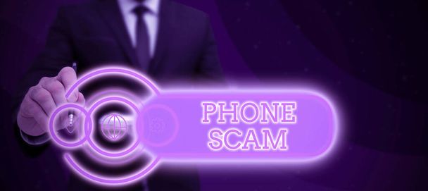 Text showing inspiration Phone Scam, Business overview getting unwanted calls to promote products or service Telesales Businessman in suit holding notepad symbolizing successful teamwork. - Photo, Image