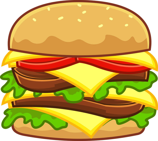 Cartoon Double Colorful Hamburger. Vector Fast Food Cheeseburger Hand Drawn Illustration Isolated On White Background - Vector, Image