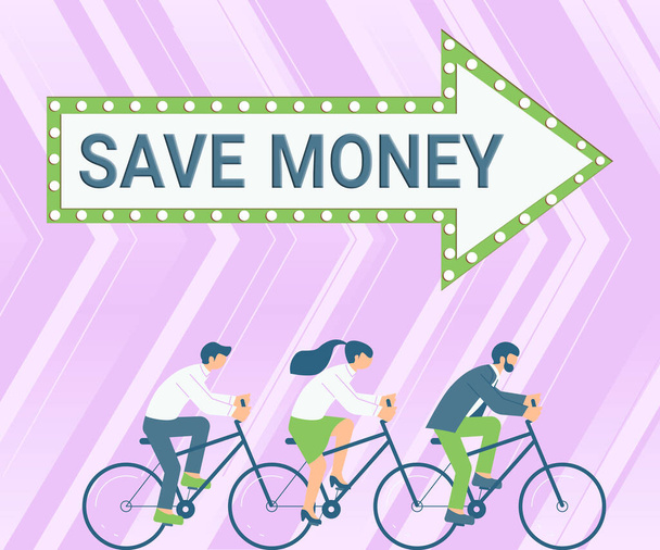 Handgeschriebenes Schild Geld sparen, Geschäftsidee speichern Sie einen Teil Ihres Geldes jeden Monat, um es später zu verwenden Drei Kollegen Fahrrad fahren repräsentieren erfolgreiche Teamarbeit. - Foto, Bild