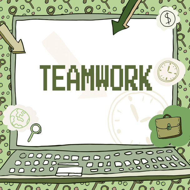 Writing displaying text Teamwork, Concept meaning Group of showing who work together as one and with the same aim Poster decorated with monetary symbols displaying punctuality of employees. - Photo, Image