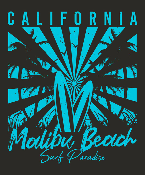 カリフォルニアマリブビーチサーフパラダイスTシャツデザイン - ベクター画像