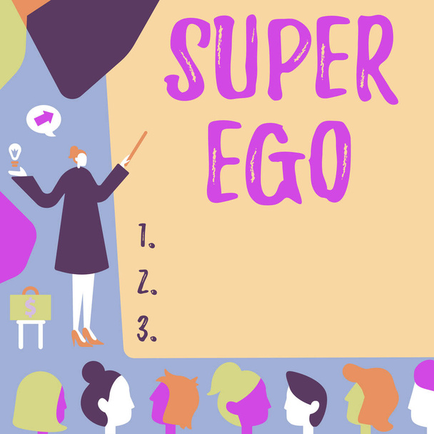 Szöveg megjelenítése Super Ego, Üzleti kirakat Bármely személy énje vagy énje, aki felhatalmazza az egész lelkét Lady Pointing Backdrop Bemutatja a legújabb sikeres pénzügyi stratégiákat. - Fotó, kép