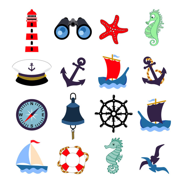 Nautische set, vuurtoren, verrekijker, stuurwiel, schip, anker en zeedieren. Decorelementen, iconen, bedrukking - Vector, afbeelding