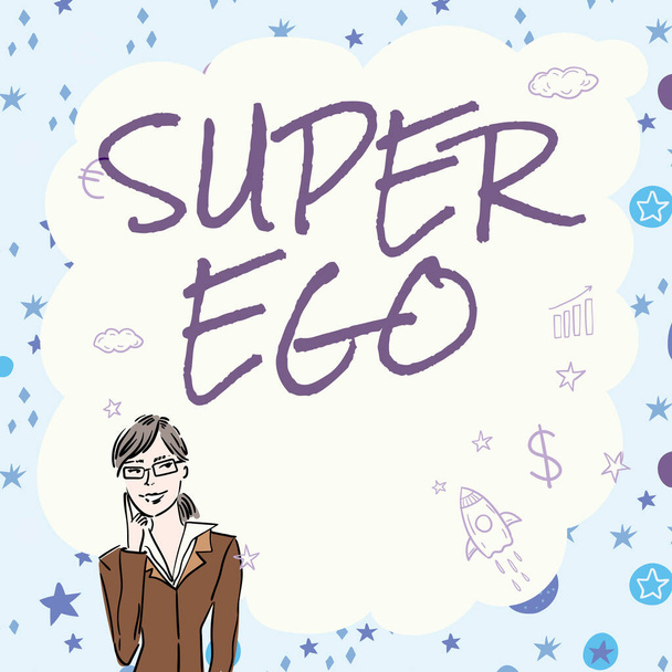 Kézírás szöveg Super Ego, Üzleti áttekintés Az én vagy én minden olyan személy, aki felhatalmazza az egész lelkét illusztrációja Lady gondolkodás mélyen egyedül az új csodálatos taktikai ötletek. - Fotó, kép