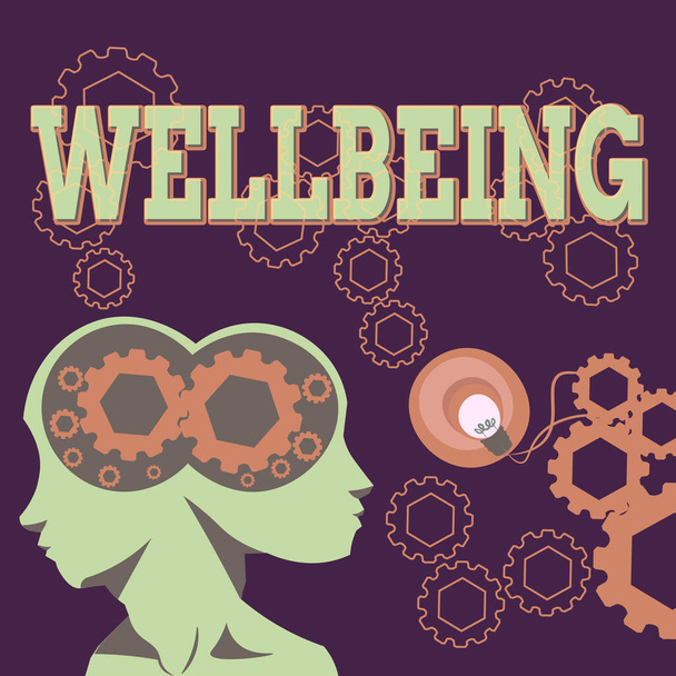 Handwriting text Wellbeing, Business overview A good or satisfactory condition of existence including health Two Heads With Cogs Showing Technology Ideas. - Photo, Image