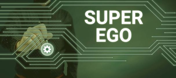 Kézírás jel Super Ego, Internet Concept Minden személy, aki felhatalmazza az egész lelkét Lady öltönyben toll szimbolizálja sikeres csapatmunka eredmények. - Fotó, kép