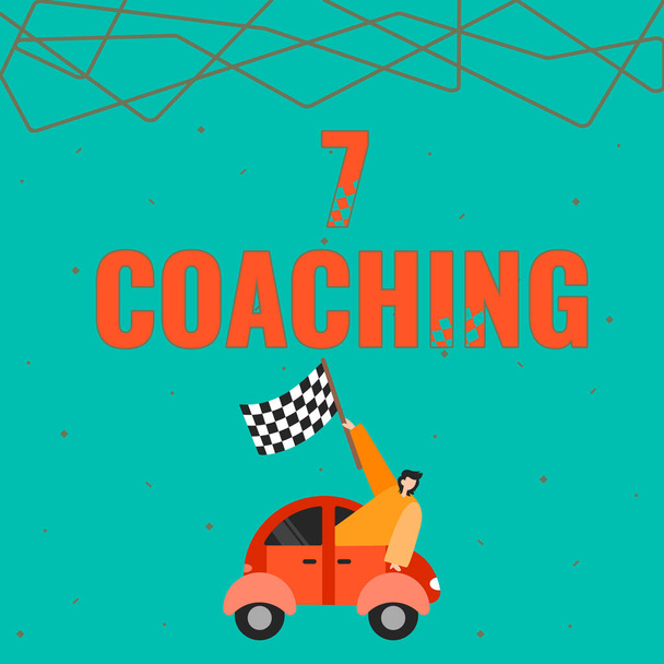 Inspiracja pokazując znak 7 Coaching, Koncepcja biznesowa Odnosi się do wielu liczb dotyczących biznesu, aby odnieść sukces Businessman Waving Banner From Vehicle Racing Towards Sucful Future. - Zdjęcie, obraz