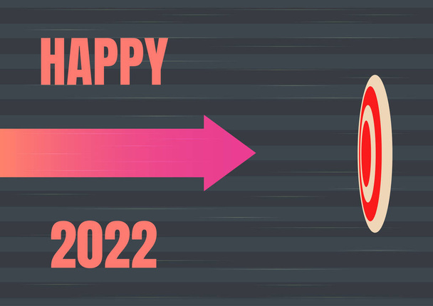 Вдохновение показывает знак Счастливый 2022, Концепция означает время или день, в котором новый календарный год начинается с этого момента Стрела движется быстро к цели, представляющей собой достижение целей. - Фото, изображение