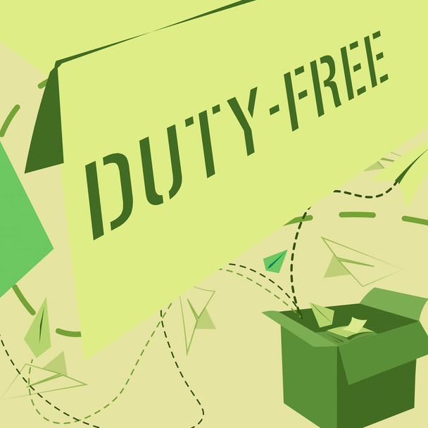 Szöveges megjelenítés Duty Free, Conceptual photo Store, avagy bhement, amely importált termékeket értékesít witout tax Open Box with Flying Paper Planes Bemutatja az új ingyenes ötleteket - Fotó, kép