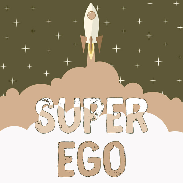 Текст почерка Super Ego, Word Written on The I or self of any person that is empowering his whole soul Rocket Ship Launching Fast Straight Up To The Outer Space. - Фото, изображение