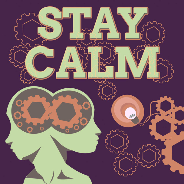 Inspiration showing sign Stay Calm, Internet Concept Maintain in a state of motion smoothly even under pressure Two Heads With Cogs Showing Technology Ideas. - Photo, Image