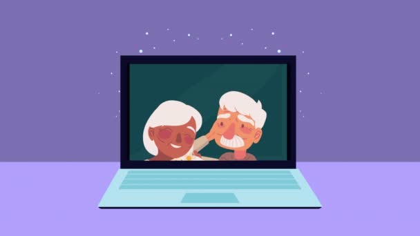 schattig grootouders paar in laptop animatie, 4k video geanimeerd - Video