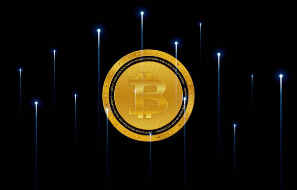 Bilder des Bitcoin-Logos auf einem digitalen Hintergrund. 3D-Abbildungen. - Foto, Bild