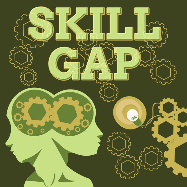 Znak wyświetlający Skill Gap, Słowo Wpisany na Odnosząc się do osoby s jest słabość lub ograniczenie wiedzy Dwie głowy z Cogs Wyświetlanie pomysłów technologicznych. - Zdjęcie, obraz