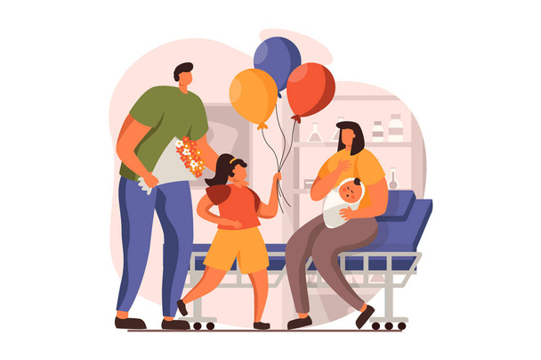 Newborn child in young family web concept in flat design. Happy mom holding infant while dad and daughter with balloons congratulation her in maternity ward. Illustration with people scene - Photo, Image